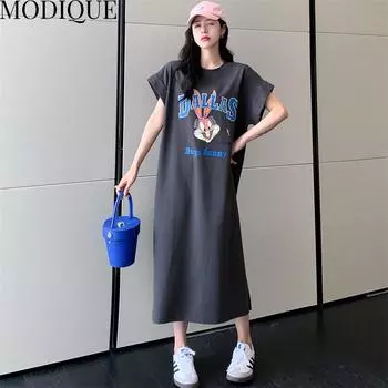 MODIQUE Летняя женская свободная универсальная футболка больших размеров с мультяшным принтом и разрезом из хлопка, длинные платья, женские повседневные платья с короткими рукавами и круглым вырезом