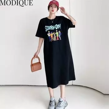 MODIQUE, летняя женская свободная универсальная хлопковая футболка больших размеров с мультяшным принтом, длинные платья, женские повседневные платья с коротким рукавом и круглым вырезом XL чёрный