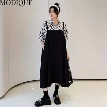 MODIQUE Лето Большие размеры Новые женские свободные базовые модели трапециевидной формы в полоску зебры макет из двух частей длинное платье женское повседневное хлопковое платье больших размеров с v-образным вырезом и короткими рукавами XL чёрный