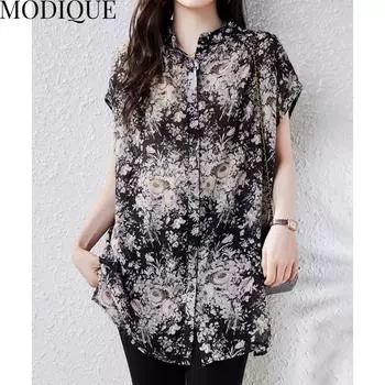 MODIQUE Лето Большие размеры Новые женские свободные винтажные шифоновые тонкие блузки с цветочным принтом Рубашки Пальто Женские повседневные оверсайз с короткими рукавами и v-образным вырезом Футболка XL чёрный