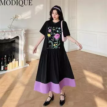 MODIQUE Лето Большие размеры Женские свободные универсальные трапециевидные лоскутные плиссированные хлопковые футболки с цветочным принтом Длинные платья Женские повседневные платья с круглым вырезом XL чёрный