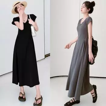MODIQUE Лето больших размеров Элегантное женское стройное универсальное минималистичное длинное платье Женское повседневное однотонное хлопковое платье с короткими рукавами и v-образным вырезом XL чёрный