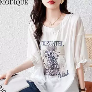 MODIQUE Лето больших размеров Летняя женская футболка Повседневная Свободные футболки с круглым вырезом Милые футболки из шифона, хлопка и льна, однотонная уличная одежда с короткими рукавами, большой размер L белый