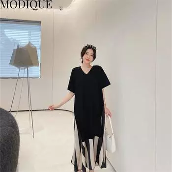 MODIQUE Лето больших размеров Новые женские свободные лоскутные трапециевидные полосатые длинные платья из двух частей Элегантные женские повседневные хлопковые юбки с v-образным вырезом и короткими рукавами XL чёрный