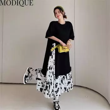 MODIQUE Лето больших размеров Новые женские основы Свободные сращенные шифоновые длинные платья в горошек Женское повседневное хлопковое платье оверсайз с короткими рукавами и круглым вырезом XL чёрный
