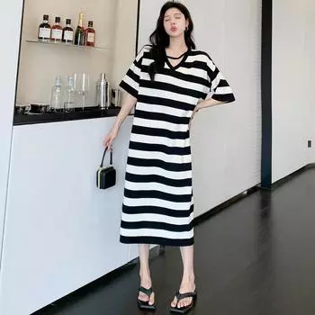 MODIQUE Лето плюс размер Элегантная женская свободная универсальная футболка трапециевидной формы в полоску с длинными рукавами Длинное платье Женские повседневные хлопковые платья с короткими рукавами и v-образным вырезом XL чёрный
