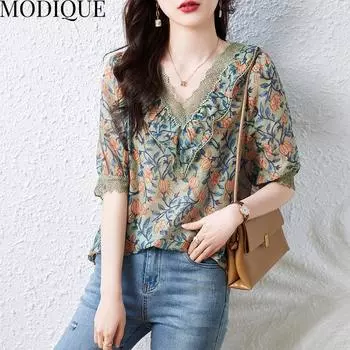 MODIQUE Лето Плюс Размер Летняя женская футболка Повседневная Свободные футболки с принтом Шифоновое лето с цветочным принтом с коротким рукавом Милый большой размер с v-образным вырезом и коротким рукавом M зелёный