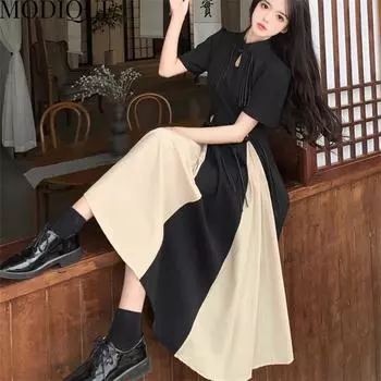 MODIQUE Лето Плюс Размер Новая Длинная Классическая Рубашка Женская Свободная Основа Винтажное Хлопковое Платье Трапеции Повседневные Однотонные Женские Платья О-Образным Вырезом С Коротким Рукавом XL чёрный