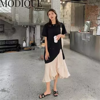 MODIQUE Лето Плюс Размер Новая Классическая Рубашка Женская Свободная Лоскутная Хлопковая Лена Уличная Одежда Асимметричное Платье Однотонные Повседневные Женские Платья О-Образным Вырезом XL бежевый