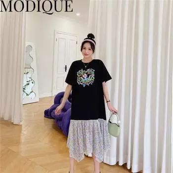 MODIQUE Лето Плюс Размер Новая Классическая Рубашка Женщины Свободные Лоскутные Хлопок Лен Цветочные Аниме Милое Платье Однотонные Повседневные Женские Платья О-Образным Вырезом XL чёрный