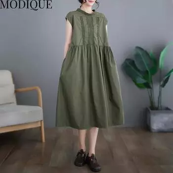 MODIQUE Лето плюс размер новая классическая рубашка женское свободное однотонное хлопковое льняное кружевное платье с высокой талией повседневное женское платье в стиле Mori Girl с круглым вырезом XL зелёный