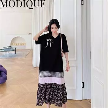 MODIQUE Лето плюс размер Новая классическая рубашка Женская свободная уличная одежда Лоскутное хлопковое льняное платье с цветочным принтом Однотонные складки Повседневные женские платья с v-образным вырезом XL