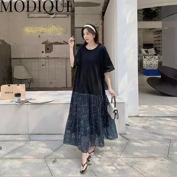 MODIQUE Лето Плюс Размер Новая Классическая Рубашка Женская Свободная Лоскутная Хлопок Лен Уличная Одежда Платье с Цветочным принтом Повседневные Женские Платья Складки О-Образным Вырезом XL чёрный
