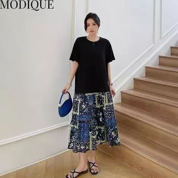 MODIQUE Лето Плюс Размер Новая Классическая Рубашка Женская Свободная Лоскутная Цветочная Хлопок Лен Платье Трапеции Повседневные Женские Платья О-Образным Вырезом С Коротким Рукавом XL чёрный