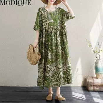 MODIQUE Лето плюс размер новая классическая рубашка женское винтажное хлопковое льняное платье с заниженными рукавами с принтом зеленые повседневные женские платья с круглым вырезом с коротким рукавом one size зелёный