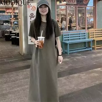 MODIQUE Лето Плюс Размер Новое Женское Свободное Повседневное Базовое Платье Трапеции Минималистское Длинное Платье Футболка Женское Оверсайз Хлопковое Однотонное Платье С Коротким Рукавом и О-Образным Вырезом XL чёрный