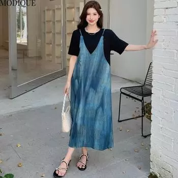 MODIQUE Лето Плюс Размер Новое Женское Свободное Пэчворк Tie-Dye V-образный вырез Ложный Двухсекционное Длинное Платье Женское Повседневное Короткие Рукава О-Образным Вырезом Платья XL синий