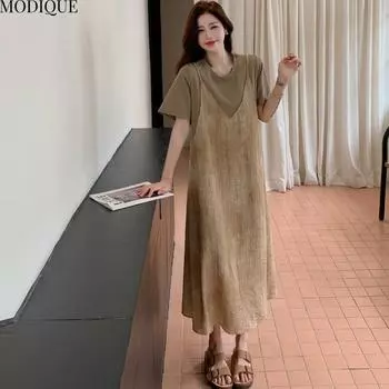 MODIQUE Лето Плюс Размер Новое Женское Свободное Элегантное Платье Tie Dye Halter Пэчворк Ложе Две Части Длинное Платье Женское Платье С Коротким Рукавом O-образным Вырезом L хаки