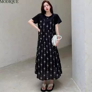 MODIQUE Лето Плюс Размер Новое Женское Свободное Элегантное Платье С Принтом Бантом Из Двух Частей Черное Длинное Платье Женское Повседневное Платье С Коротким Рукавом О-Образным Вырезом L чёрный
