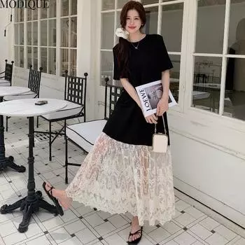 MODIQUE Лето Плюс Размер Новое Женское Свободное Элегантное Кружевное Ажурное Сетчатое Лоскутное Длинное Платье Женское Повседневное Короткое Рукавное О-Образным Вырезом Платья L чёрный