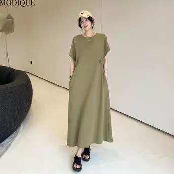 MODIQUE Лето Плюс Размер Новое Женское Свободное Минималистичное Однотонное Длинное Платье Женское Повседневное Короткое Рукав О-Образным Вырезом Платья L зелёный