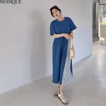 MODIQUE Лето Плюс Размер Новое Женское Свободное Цветочное Печать Лоскутное Ложе Из Двух Частей Длинное Платье Женское Повседневное Короткие Рукава О-Образным Вырезом Платья L синий