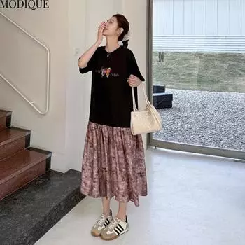 MODIQUE Лето Плюс Размер Новое Женское Свободное Льняное Платье с Принтом Бабочки Пэчворк Длинное Женское Повседневное Платье С Коротким Рукавом О-Образным Вырезом L чёрный