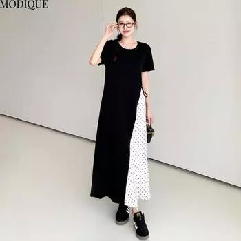 MODIQUE Лето Плюс Размер Новое Женское Свободное Элегантное Пэчворк Печати Длинное Платье Женское Повседневное Короткие Рукава О-Образным Вырезом Платья L чёрный