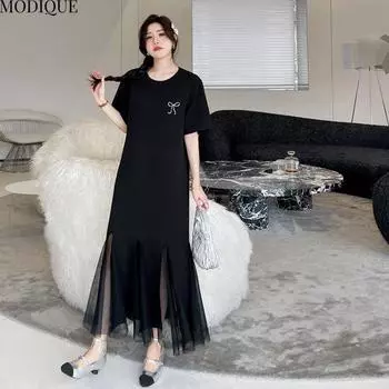 MODIQUE Лето Плюс Размер Новое Женское Свободное Элегантное Однотонное Печатное Сетчатое Длинное Платье Женское Повседневное Короткое Рукавное О-Образным Вырезом Платья L чёрный