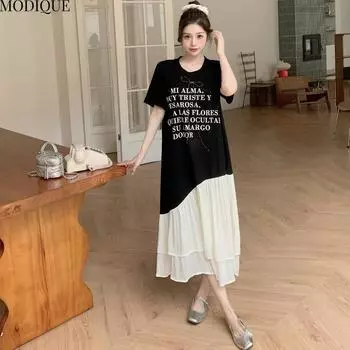 MODIQUE Лето Плюс Размер Новое Женское Свободное Плиссированное Шифоновое Лоскутное Длинное Платье Женское Повседневное Короткое Рукав О-Образным Вырезом Платья L чёрный