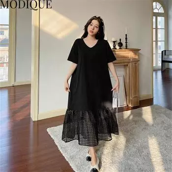 MODIQUE Лето Плюс Размер Новые Женщины Свободные Универсальные Лоскутные Плед Русалка Длинное Платье Женские Повседневные Оверсайз Однотонные Хлопковые Платья С Коротким Рукавом и V-образным Вырезом XL чёрный