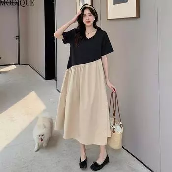 MODIQUE Лето Плюс Размер Новые Женские Свободные Футболки А-силуэта Нестандартная Юбка Лоскутное Длинное Платье Женские Повседневные Платья С Коротким Рукавом О-Образным Вырезом XL чёрный