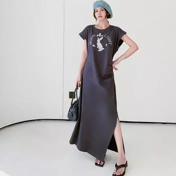 MODIQUE Лето Плюс Размер Женщин Свободная Универсальная Футболка Трапециевидной формы с разрезом и принтом кролика Длинное платье Женские повседневные хлопковые платья оверсайз с короткими рукавами и круглым вырезом XL серый