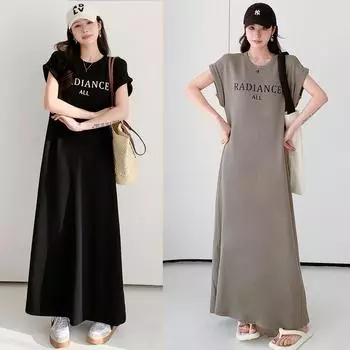 MODIQUE Лето Плюс Размер Женщины Свободная Универсальная Минималистская Футболка Трапеции с Буквами и Принтом Длинное Платье Женское Повседневное Однотонное Платье С Коротким Рукавом и О-Образным Вырезом XL чёрный