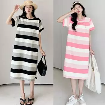 MODIQUE Лето Плюс Размер Женщины Свободная Универсальная Милая Футболка Трапеции в Полоску Сращенная Футболка Длинное Платье Женское Повседневное Оверсайз Хлопковое Платье С Коротким Рукавом и О-Образным Вырезом XL чёрный