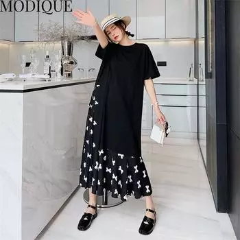 MODIQUE Лето Плюс Размер Женщины Свободные Повседневные Лоскутные С Принтом Бабочки Плиссированные Хлопковые Длинные Платья Женское Универсальное Платье Оверсайз С Коротким Рукавом и О-Образным Вырезом XL чёрный