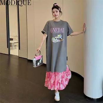 MODIQUE Лето Плюс Размер Женщины Свободные Повседневные Принт Лоскутные Тюль Плиссированные Хлопковые Длинные Платья Женские Универсальные Оверсайз Короткие Рукава О-Образным Вырезом Платья XL серый