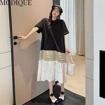 MODIQUE Лето Плюс Размер Женщины Свободные Повседневные Лоскутные Кружева Плиссированные Хлопчатобумажные Футболки Длинные Платья Женские Универсальные Оверсайз Короткие Рукава О-Образным Вырезом Платья XL чёрный