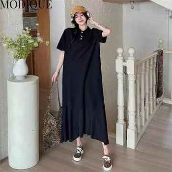 MODIQUE Лето Плюс Размер Женщины Свободные Универсальные Однотонные Лоскутные Хлопковые Футболки ПОЛО Длинные Платья Женские Повседневные Платья С Коротким Рукавом XL чёрный