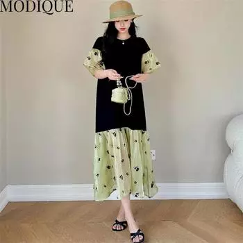 MODIQUE Лето Плюс Размер Женщины Свободные Универсальные Цветочные Принты Русалка Лоскутная Хлопковая Футболка Длинные Платья Женские Повседневные Платья С Коротким Рукавом О-Образным Вырезом XL чёрный