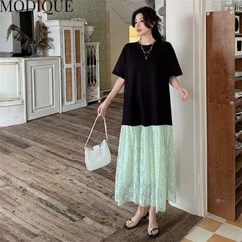 MODIQUE Лето Плюс Размер Женщины Свободные Универсальные Кружева Лоскутная Плиссированная Хлопковая Футболка Длинные Платья Женские Повседневные Платья С Коротким Рукавом О-Образным Вырезом XL чёрный