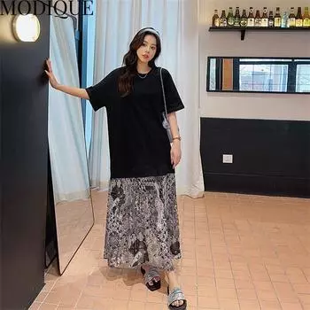 MODIQUE Лето Плюс Размер Женщины Свободные Универсальные Трапеции с Цветочным Принтом Лоскутная Плиссированная Шифоновая Футболка Длинные Платья Женское Повседневное Платье Оверсайз О-Образным Вырезом XL чёрный