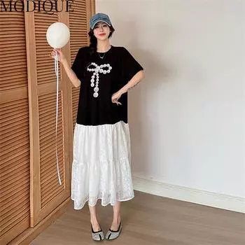 MODIQUE Лето Плюс Размер Женщины Свободные Универсальный Принт Лоскутная Плиссированная Хлопковая Футболка Длинные Платья Женские Повседневные Платья С Коротким Рукавом О-Образным Вырезом XL чёрный