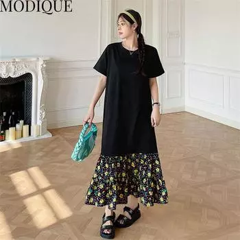 MODIQUE Лето Плюс Размер Женщины Свободные Универсальные Трапеции с Цветочным Принтом Лоскутная Плиссированная Хлопковая Футболка Торт Длинные Платья Женские Повседневные Платья С О-Образным Вырезом XL чёрный