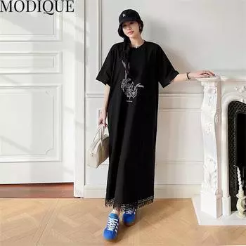 MODIQUE Лето Плюс Размер Женщины Свободные Универсальные Трапеции С Цветочным Принтом Лоскутное Кружево Плиссированные Хлопковые Длинные Платья Женское Повседневное Платье С Коротким Рукавом и О-Образным Вырезом XL чёрный