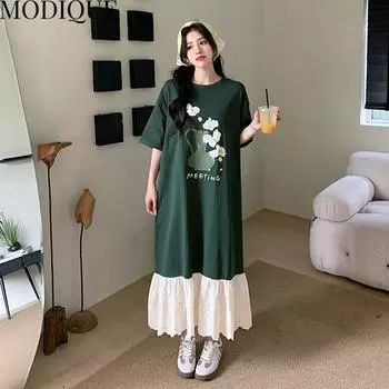 MODIQUE Лето Плюс Размер Женщины Свободные Универсальные Цветочные Принты Лоскутные Плиссированные Хлопковые Длинные Платья Женские Повседневные Платья С Коротким Рукавом О-Образным Вырезом XL зелёный