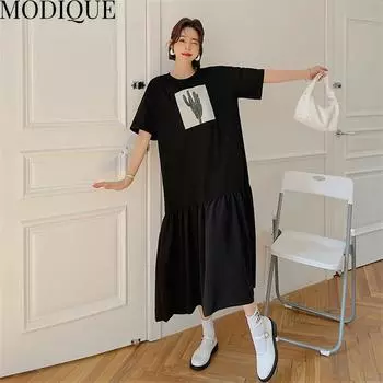 MODIQUE Лето Плюс Размер Женщины Свободные Универсальные Трапеции С Принтом Лоскутная Плиссированная Хлопковая Праздничная Футболка Длинные Платья Женские Повседневные Платья С Коротким Рукавом