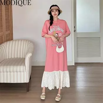 MODIQUE Лето Плюс Размер Женщины Свободные Универсальные Мультяшные Принты Лоскутная Тюлевая Хлопковая Футболка Длинные Платья Женские Повседневные Платья С Коротким Рукавом О-Образным Вырезом XL розовый