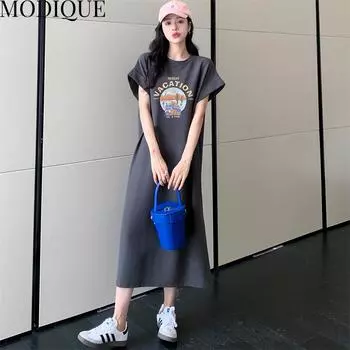 MODIQUE Лето Плюс Размер Женщины Свободные Универсальные Печати Летающие Рукава Хлопковая Футболка Длинные Платья Женские Повседневные Платья С Коротким Рукавом О-Образным Вырезом XL чёрный