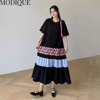MODIQUE Лето Плюс Размер Женщины Свободные Универсальные Цветочные Принты Лоскутная Плиссированная Хлопковая Футболка Длинные Платья Женские Повседневные Платья С Коротким Рукавом О-Образным Вырезом XL чёрный